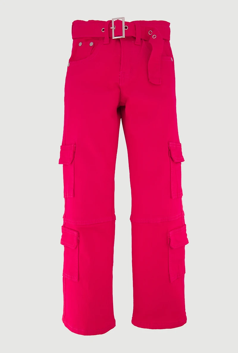 Girls Mid Rise Straight Leg Cargo Jeans with Belt, Pink,