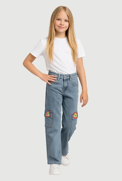 Girls Straight Leg Cargo Jeans with Heart Crochet Detail, Blue, Size 14