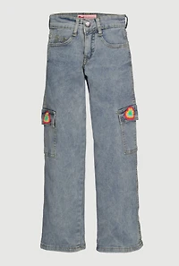 Girls Straight Leg Cargo Jeans with Heart Crochet Detail, Blue, Size 16