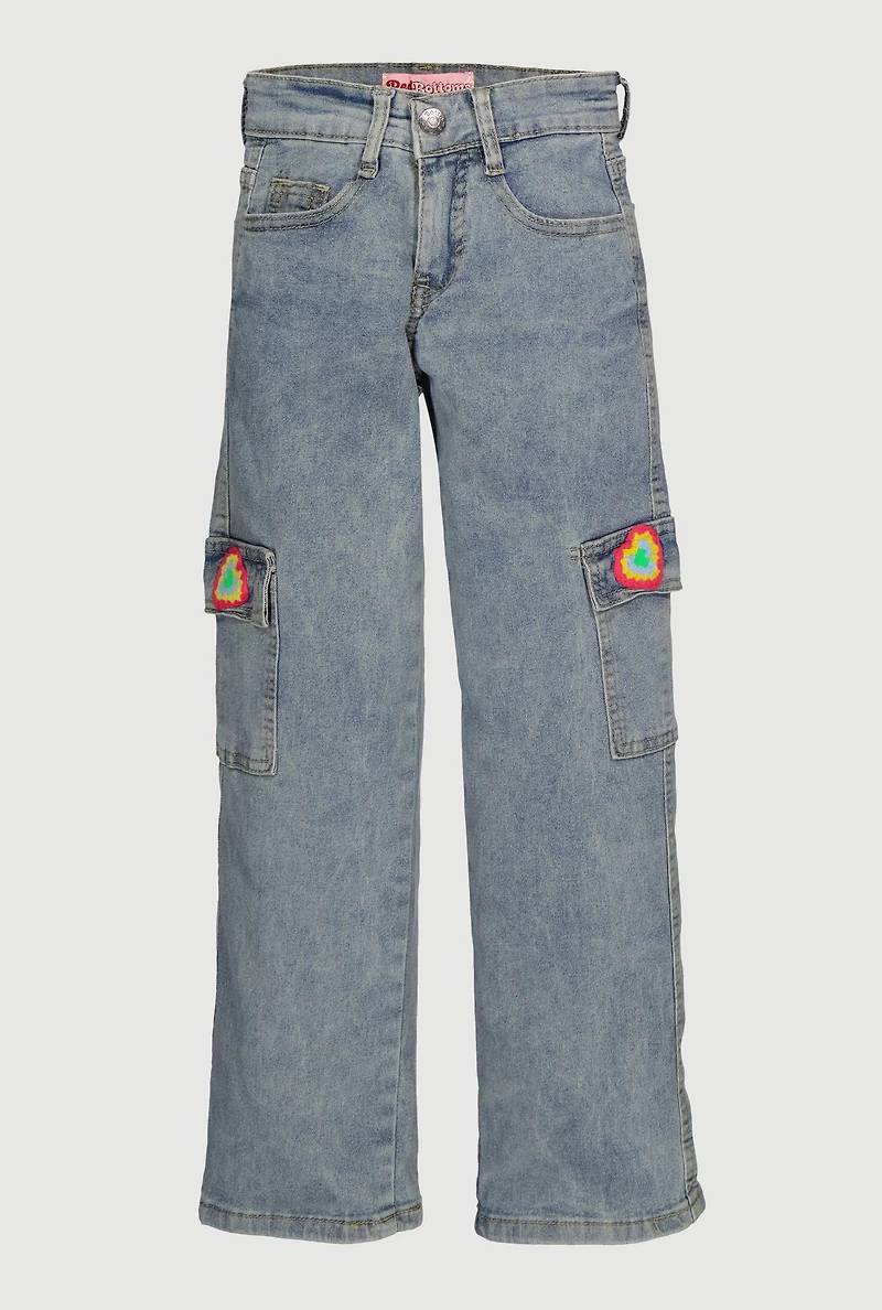 Girls Straight Leg Cargo Jeans with Heart Crochet Detail, Blue, Size 7