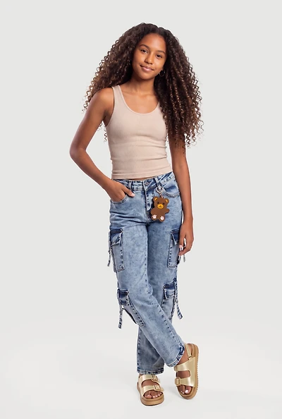 Girls Acid Wash Multi Pocket Cargo Jeans with Bear Keychain