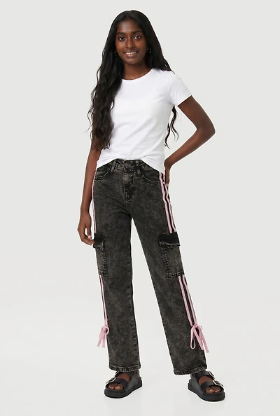 Girls Acid Wash Bow Varsity Stripe Side Cargo Jeans