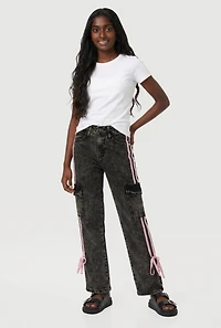 Girls Acid Wash Bow Varsity Stripe Side Cargo Jeans