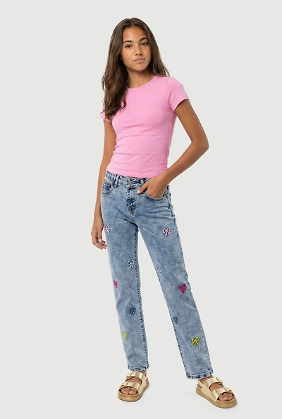 Girls Bow Embroidered Acid Wash Jeans