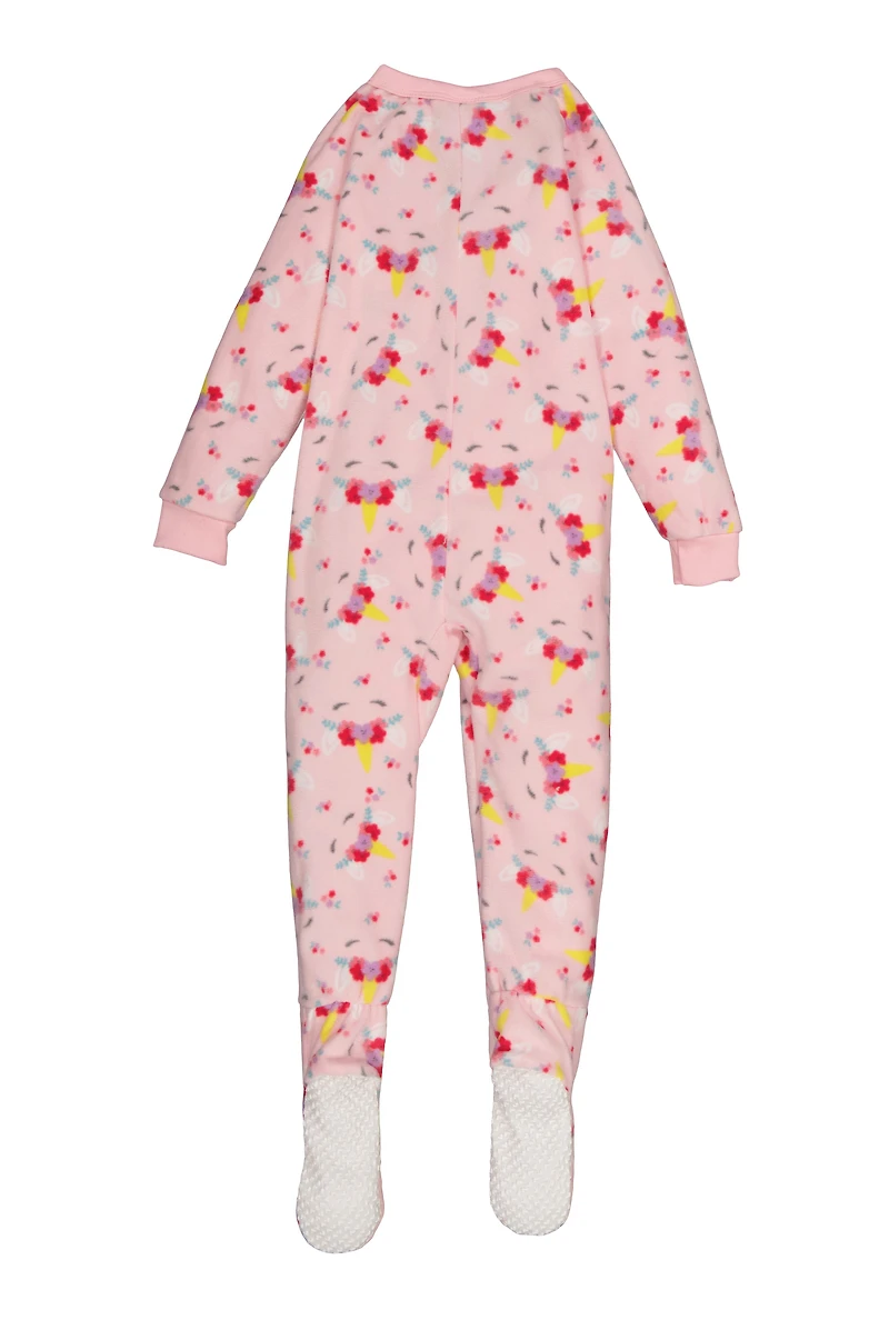 Girls Fleece Unicorn Floral Print Footed Pajamas