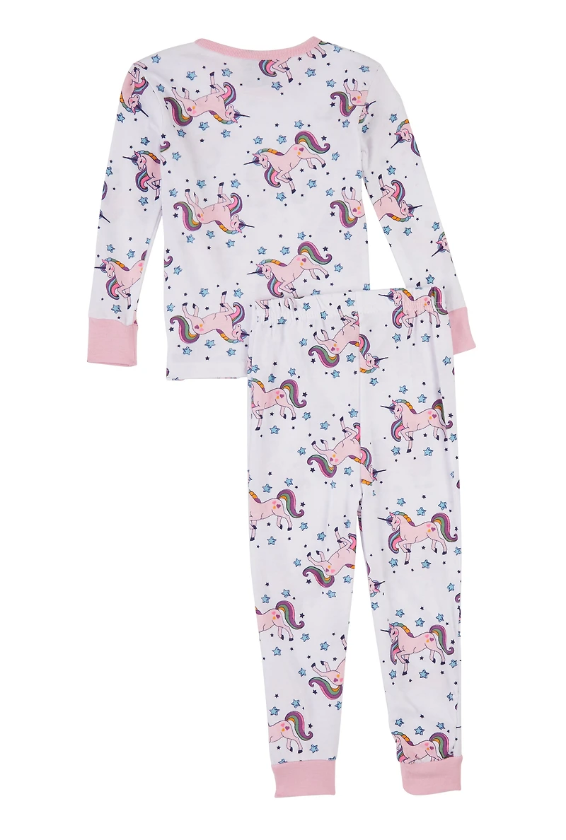 Little Girls Graphic Print Pajama Top and Pants, White, Size 4