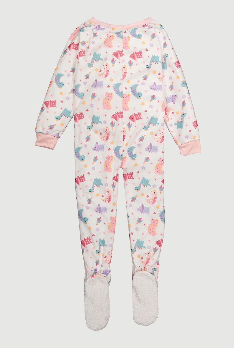 Little Girls Patterned Crew Neck Footed Pajamas, White, Size 5-6