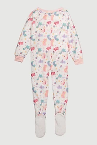 Little Girls Patterned Crew Neck Footed Pajamas, White, Size 5-6