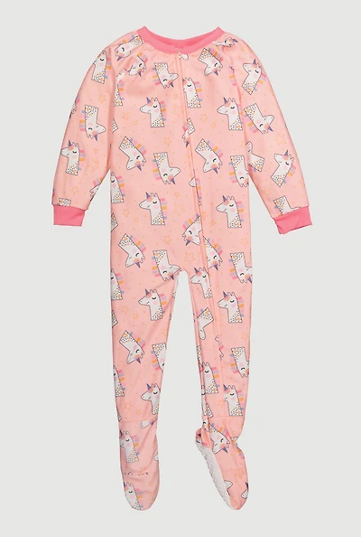 Little Girls Patterned Crew Neck Footed Pajamas, Pink, Size 5-6