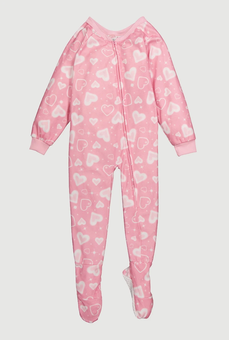 Little Girls Patterned Crew Neck Footed Pajamas, Pink, Size 5-6
