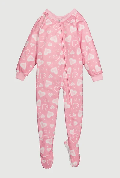 Little Girls Patterned Crew Neck Footed Pajamas, Pink, Size 5-6
