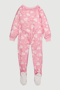 Little Girls Patterned Crew Neck Footed Pajamas, Pink, Size 5-6