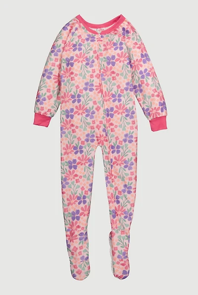 Little Girls Patterned Crew Neck Footed Pajamas,