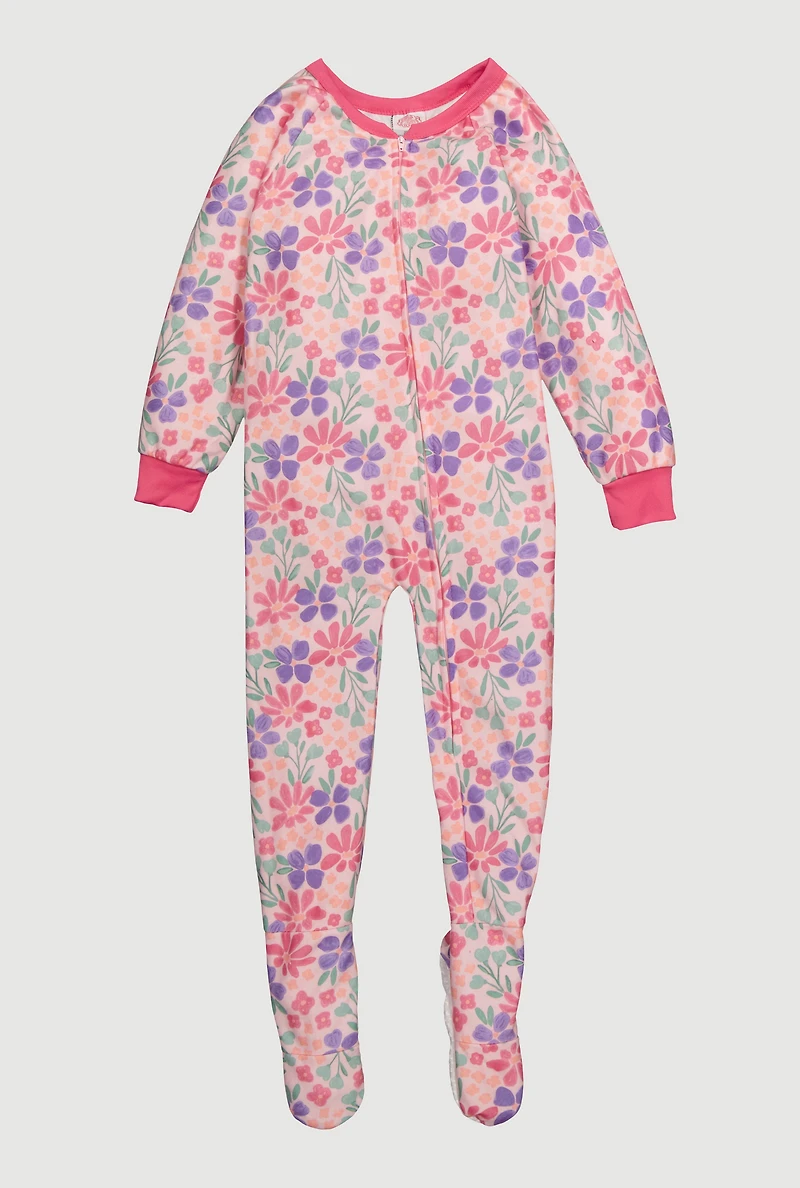 Little Girls Patterned Crew Neck Footed Pajamas, 4