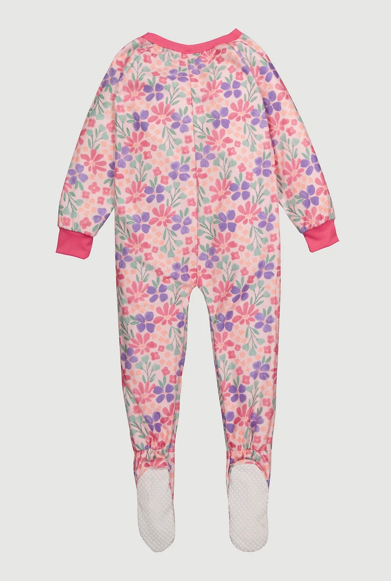 Little Girls Patterned Crew Neck Footed Pajamas,