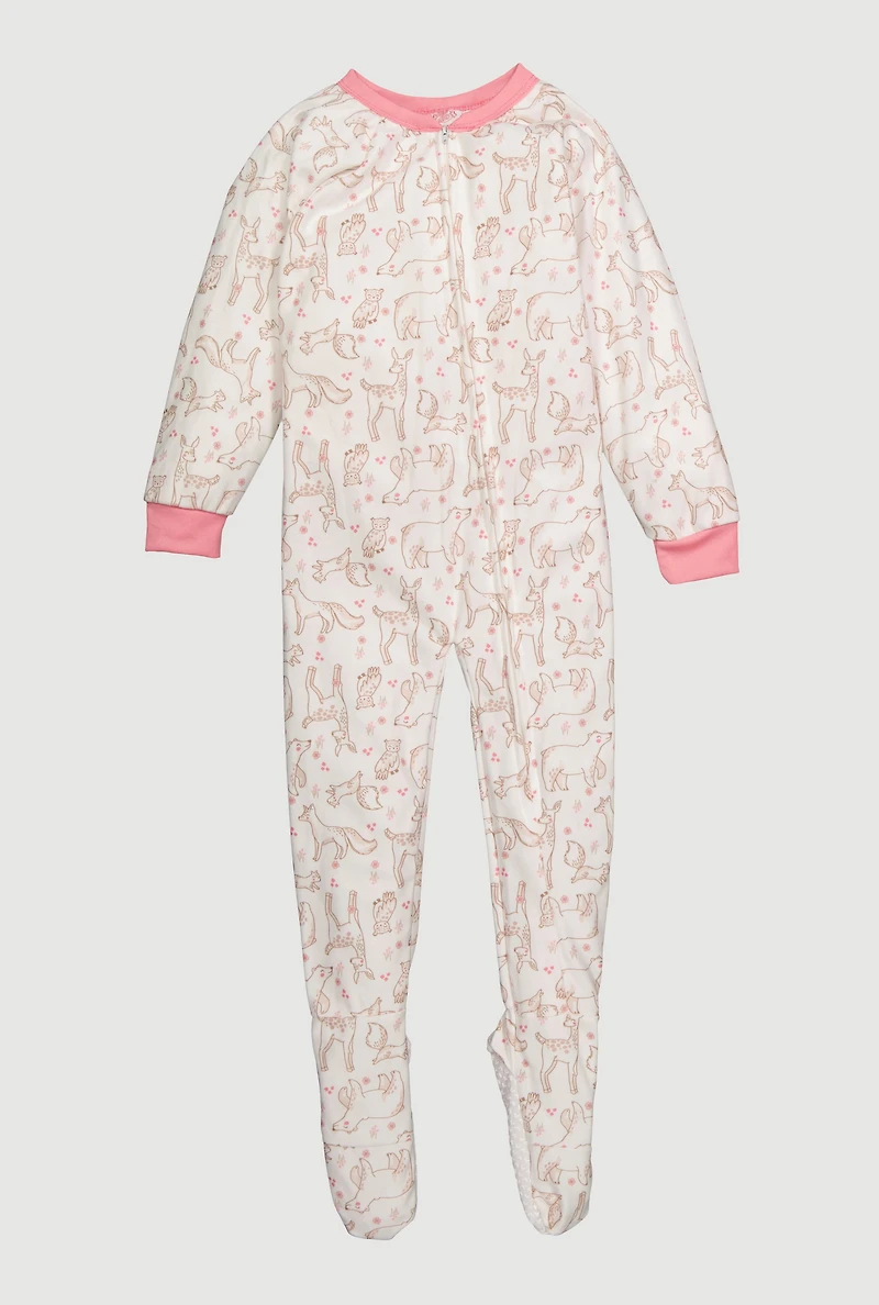 Little Girls Patterned Footed Pajamas, White, Size 6X