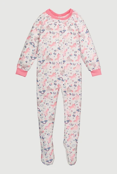 Little Girls Patterned Zip Front Footed Pajamas, White, Size 4