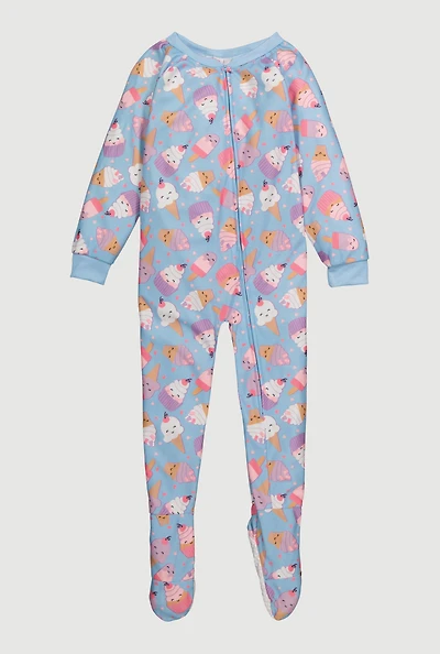 Little Girls Patterned Zip Front Footed Pajamas,