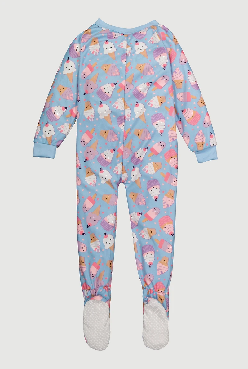 Little Girls Patterned Zip Front Footed Pajamas,