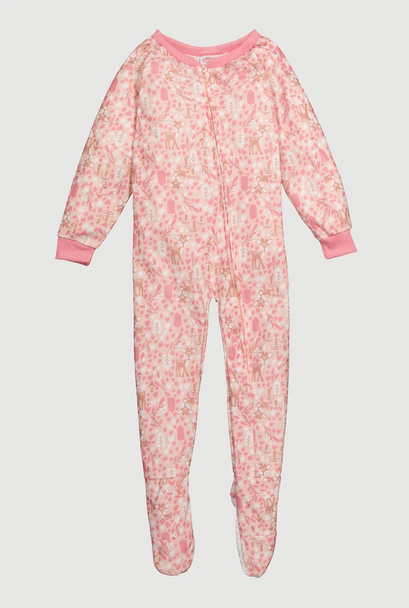 Little Girls Patterned Zip Front Footed Pajamas, Orange, Size 5-6