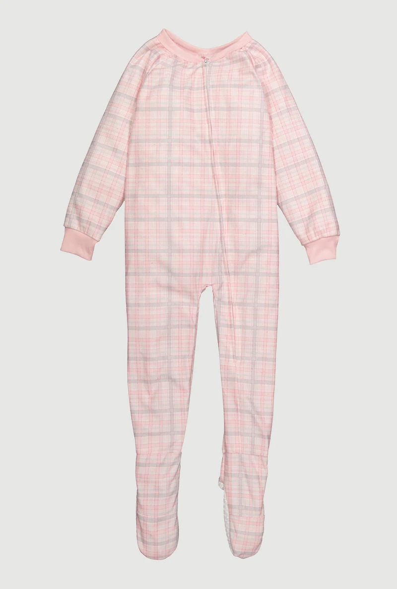 Little Girls Patterned Zip Front Footed Pajamas, Pink,