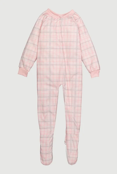 Little Girls Patterned Zip Front Footed Pajamas, Pink, Size 4