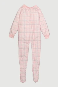 Little Girls Patterned Zip Front Footed Pajamas, Pink, Size 4