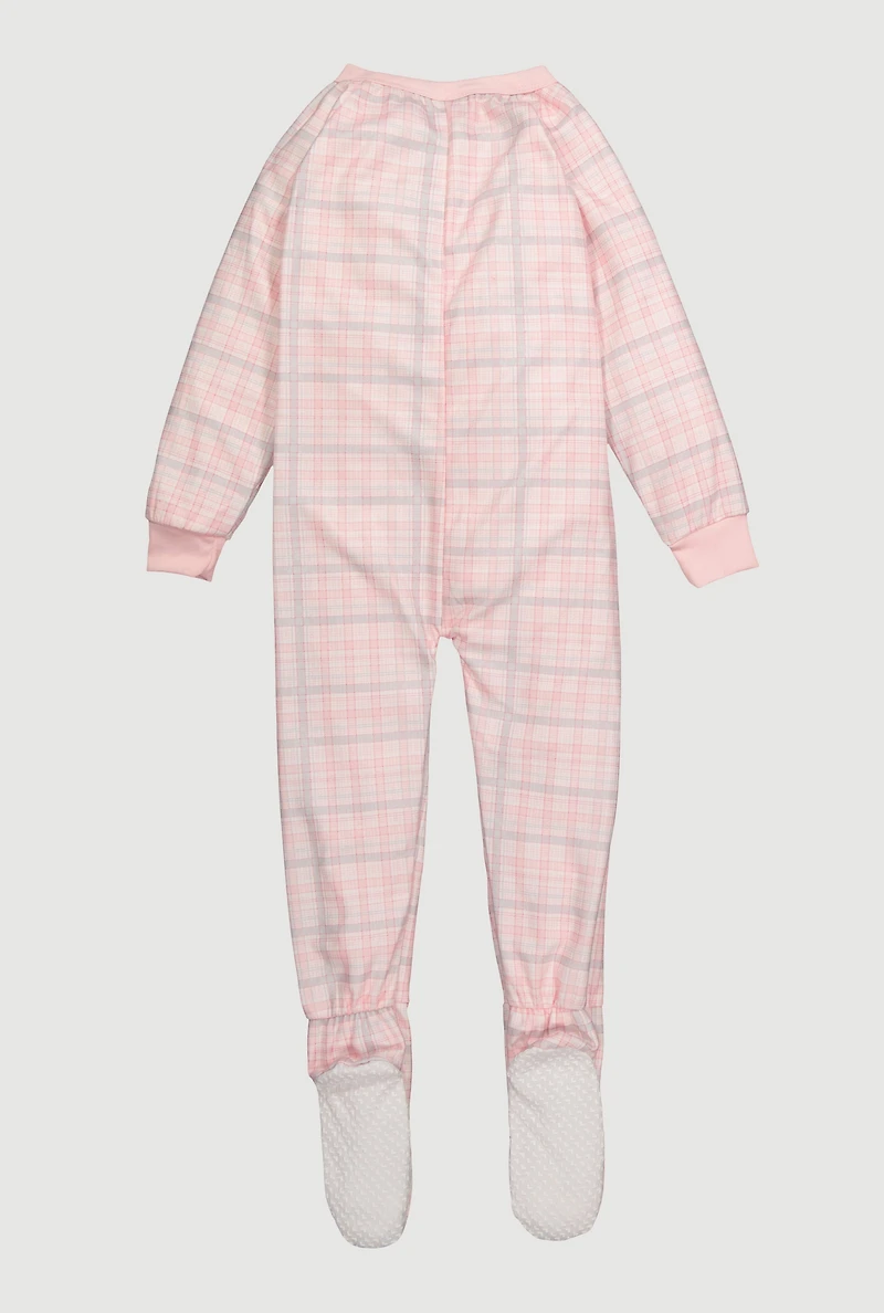 Little Girls Patterned Zip Front Footed Pajamas, Pink, Size 4