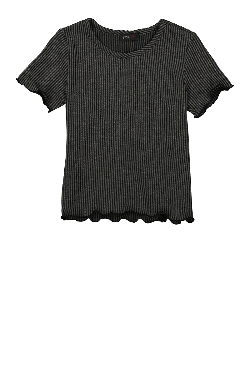Girls Textured Knit Lettuce Edge Tee, Grey, Size 7-8