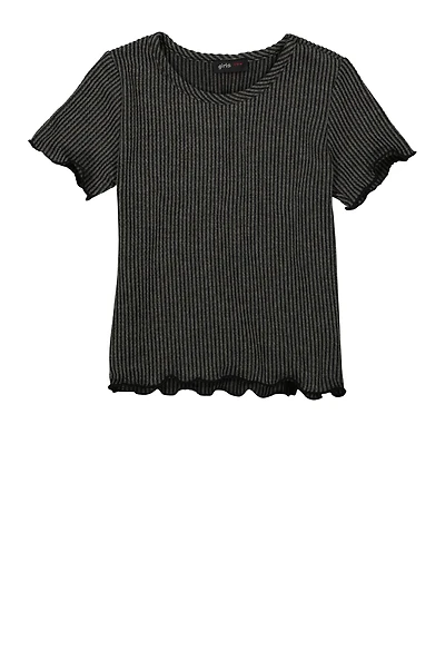 Girls Textured Knit Lettuce Edge Tee, Grey, Size 7-8