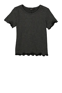 Girls Textured Knit Lettuce Edge Tee, Grey, Size 7-8