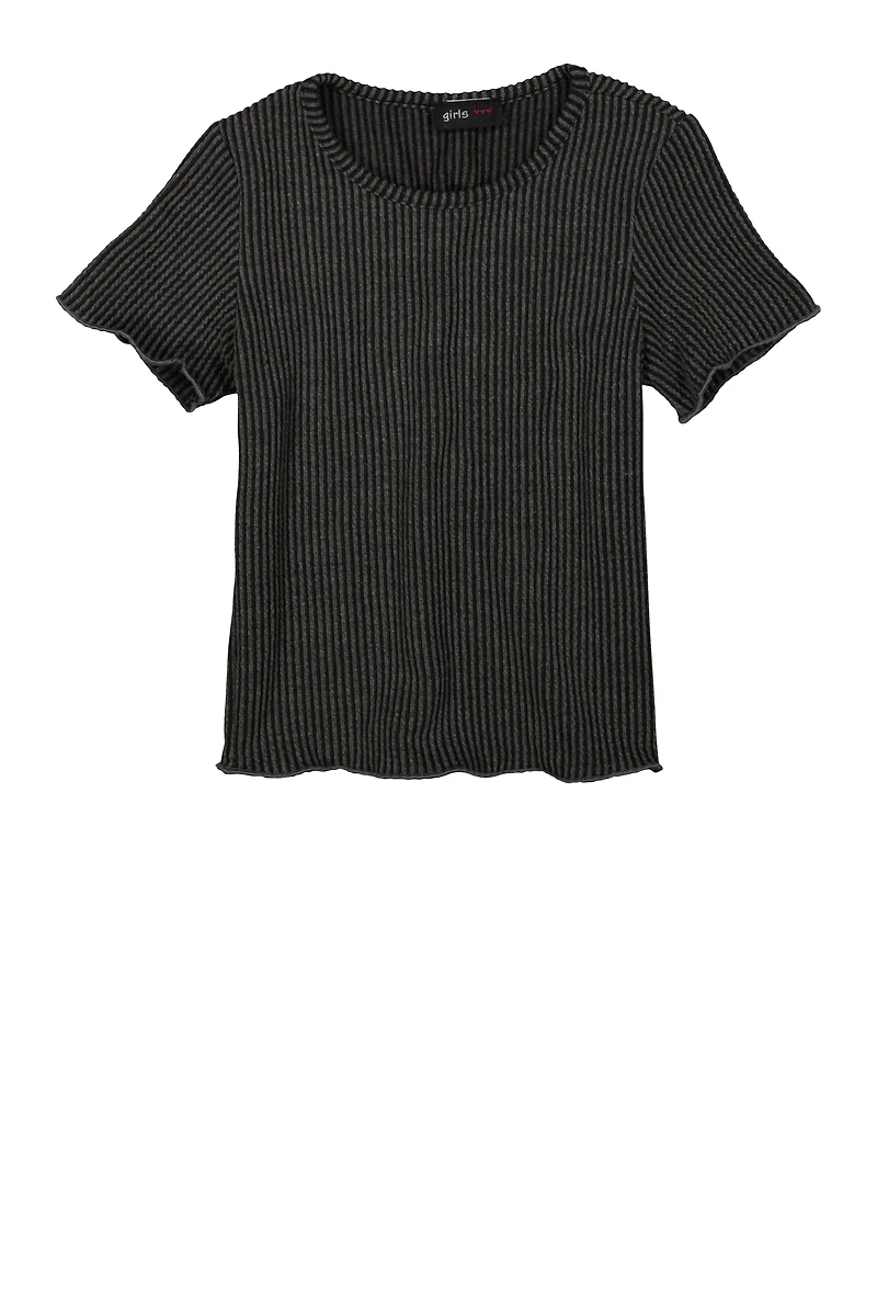 Girls Textured Knit Lettuce Edge Top, Grey, Size 7-8