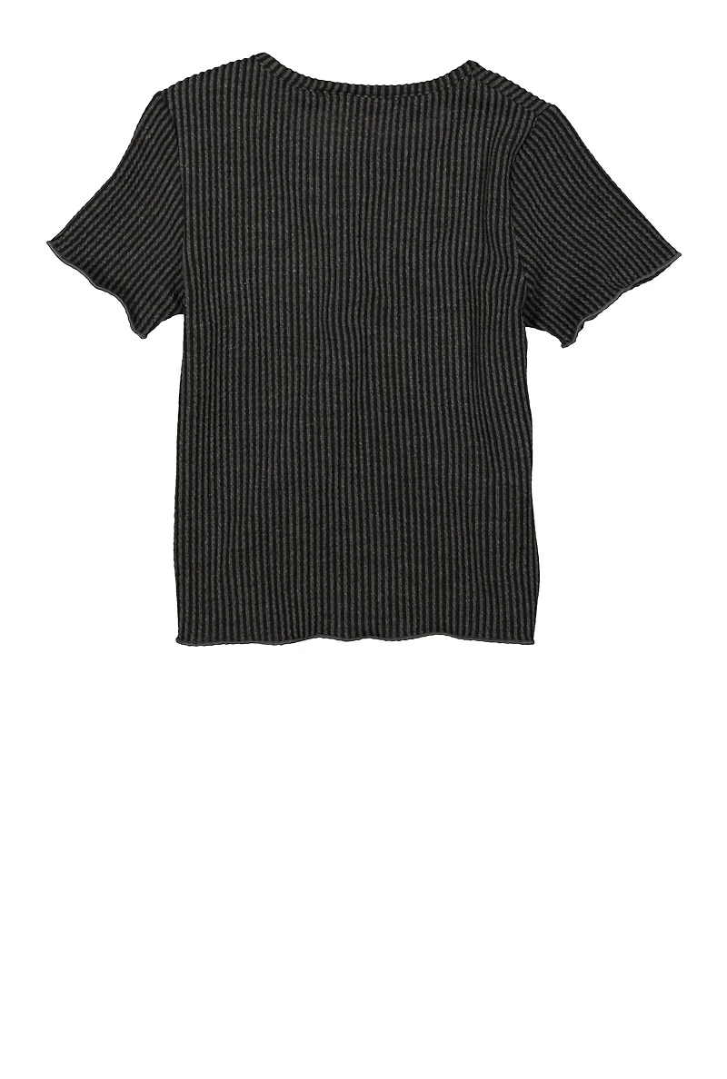 Girls Textured Knit Lettuce Edge Top, Grey, Size 7-8
