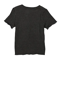 Girls Textured Knit Lettuce Edge Top, Grey, Size 7-8