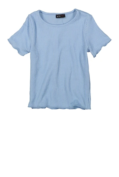 Girls Textured Knit Lettuce Edge Top, Blue, Size 7-8