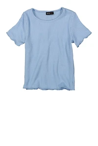 Girls Textured Knit Lettuce Edge Top, Blue, Size 7-8