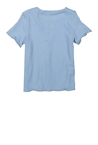 Girls Textured Knit Lettuce Edge Top, Blue, Size 7-8