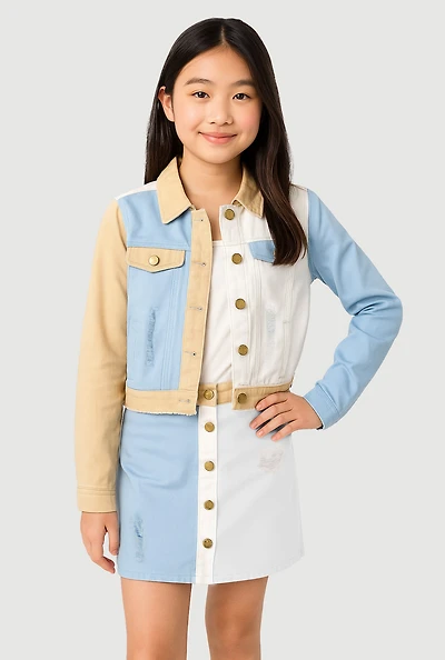 Girls Distressed Frayed Color Block Jean Jacket, Multi,