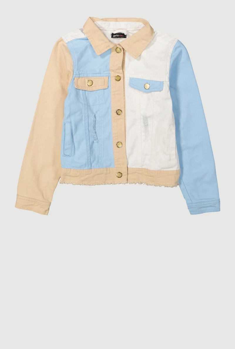 Girls Distressed Frayed Color Block Jean Jacket, Multi,