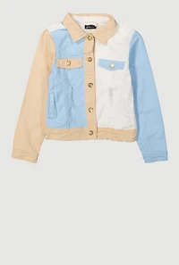 Girls Distressed Frayed Color Block Jean Jacket