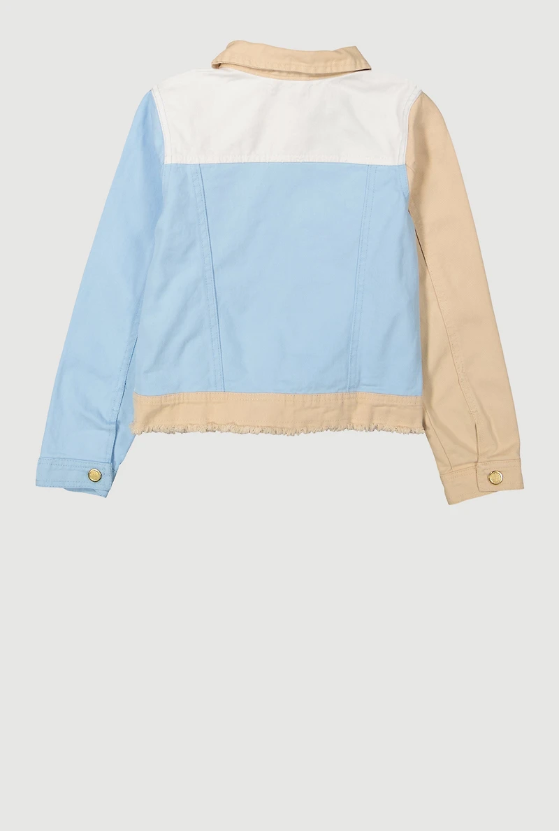 Girls Distressed Frayed Color Block Jean Jacket