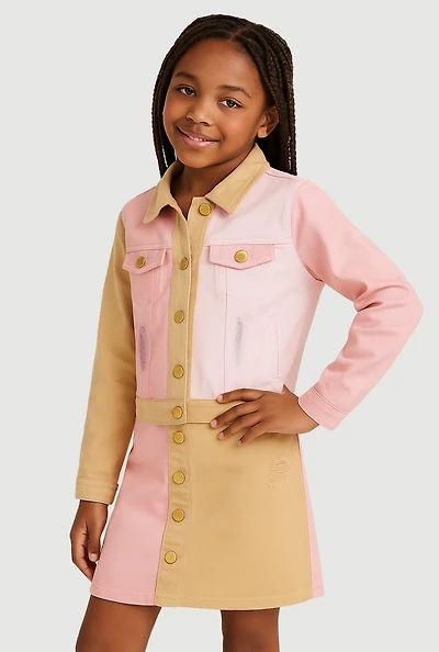 Girls Distressed Frayed Color Block Jean Jacket, Multi,