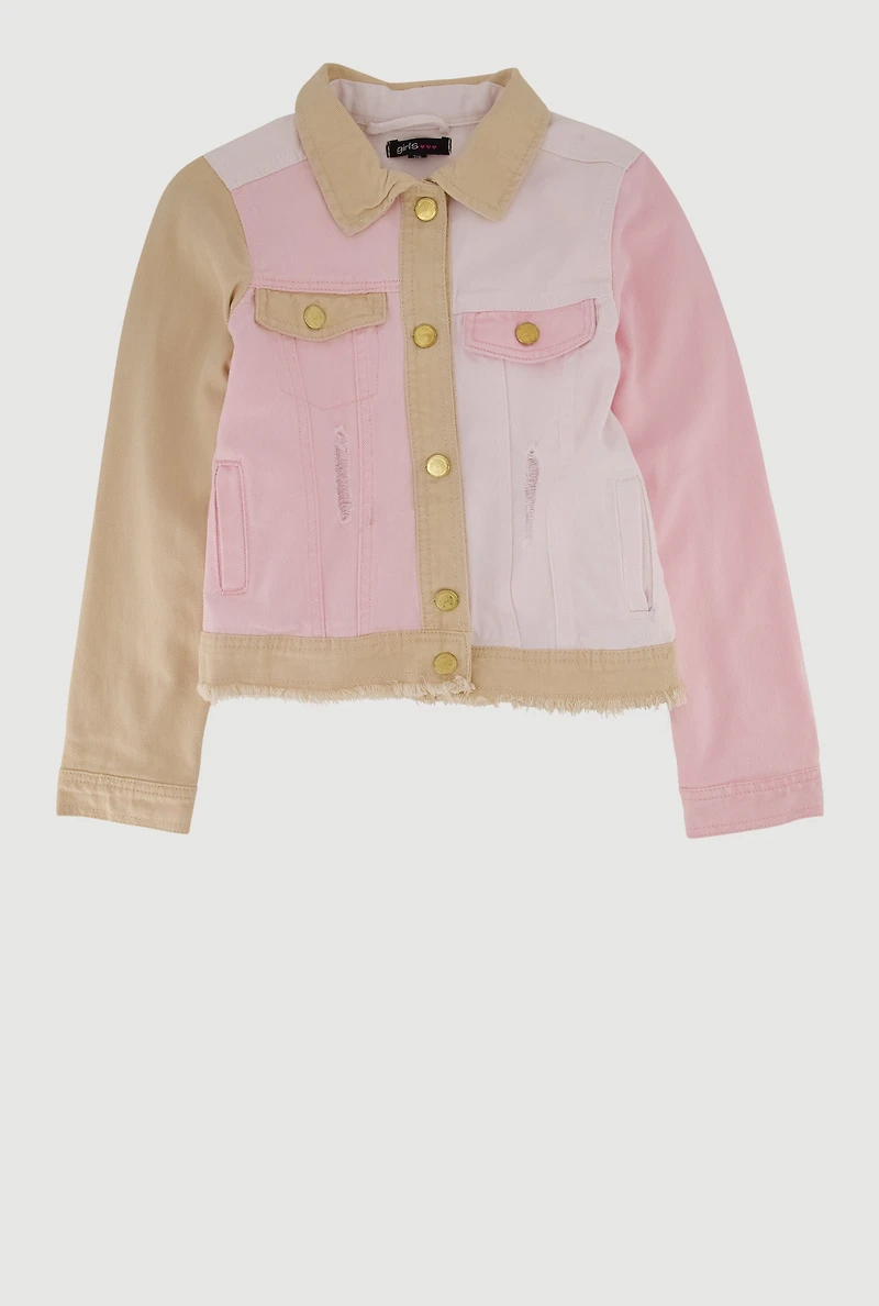 Girls Distressed Frayed Color Block Jean Jacket, Multi,