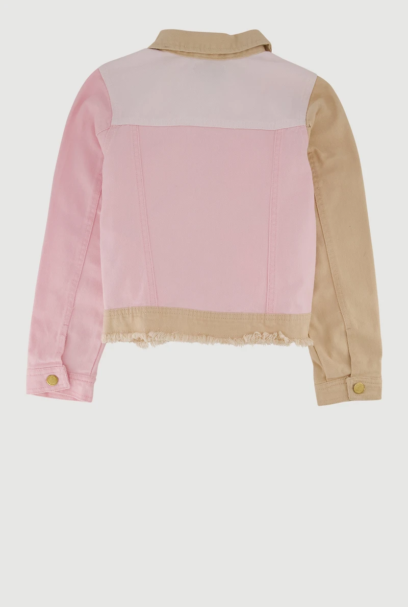 Girls Distressed Frayed Color Block Jean Jacket, Multi,