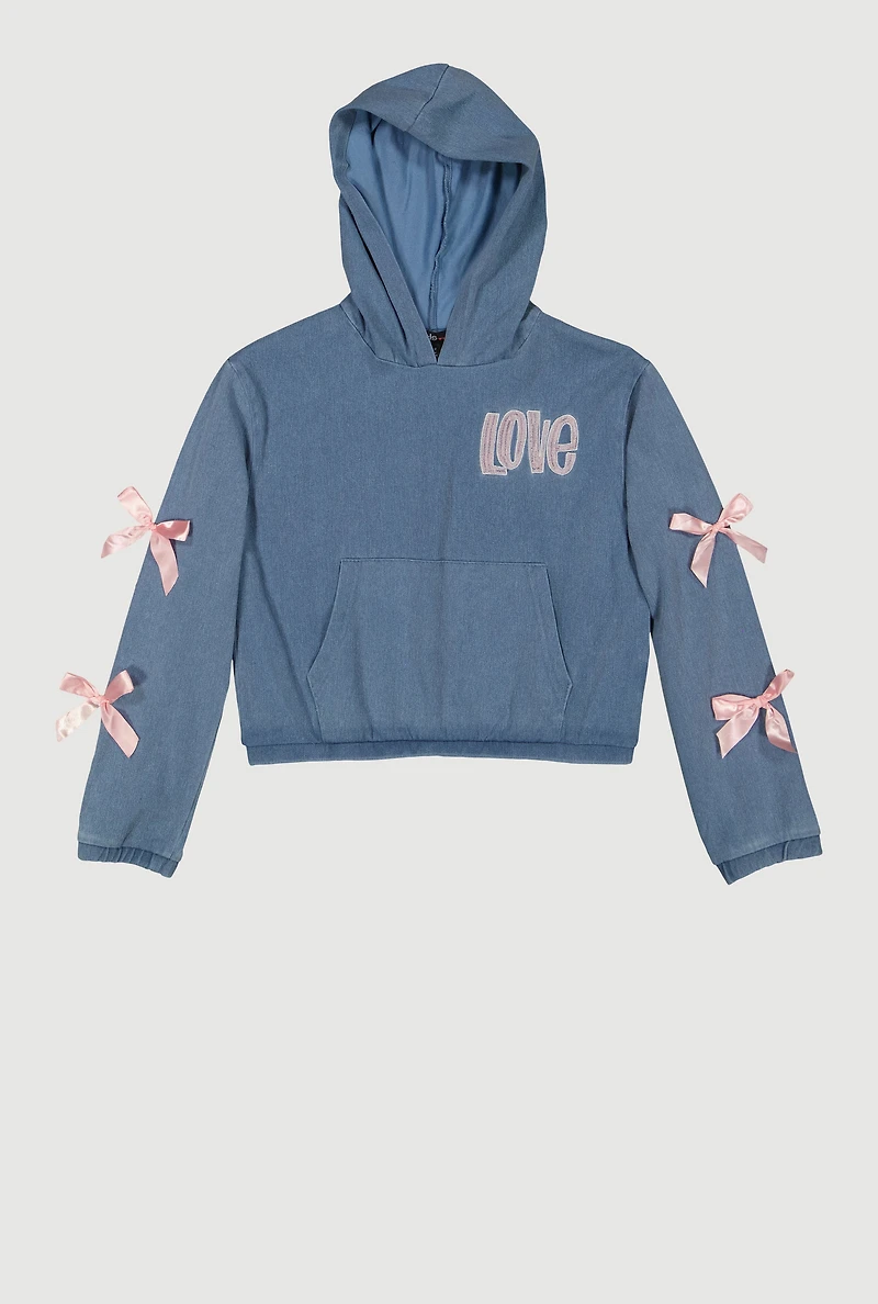 Girls Love Embroidered Graphic Bow Detail Pullover Hoodie, Blue, Size 14-16