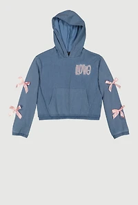Girls Love Embroidered Graphic Bow Detail Pullover Hoodie, Blue, Size 14-16