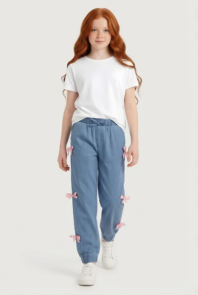 Girls Knit Denim Bow Side Joggers