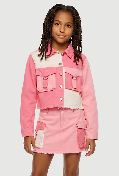 Girls Color Blocked Denim Jacket with Frayed Hem