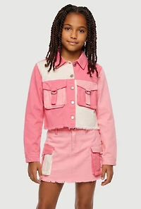 Girls Color Blocked Denim Jacket with Frayed Hem