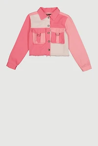Girls Color Blocked Denim Jacket with Frayed Hem